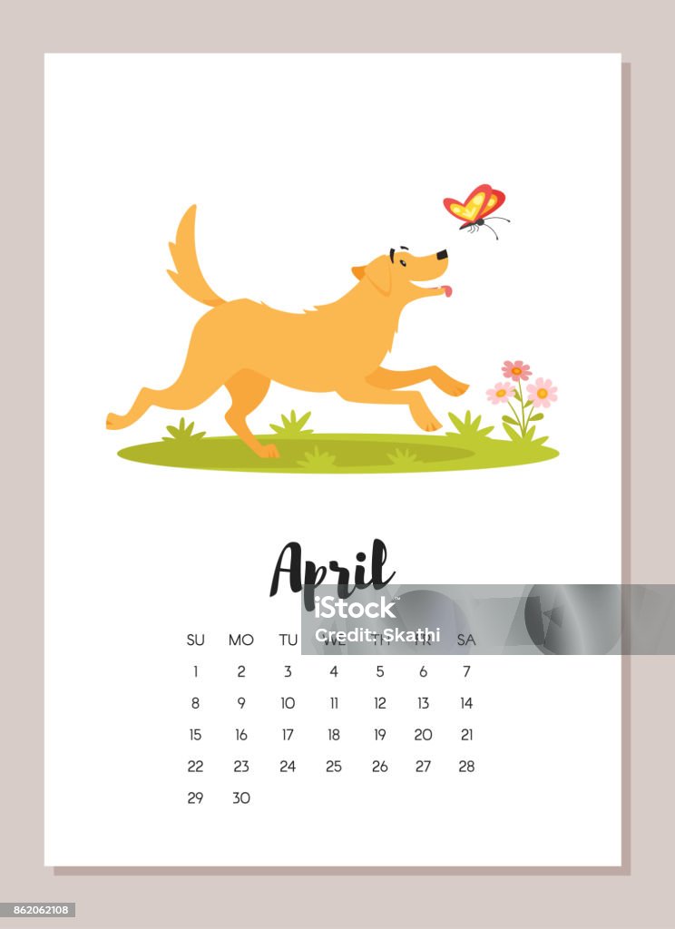 Dog 2018 Year Calendar Page Stock Illustration - Download Image Now - Animal,  April, Astrology - iStock