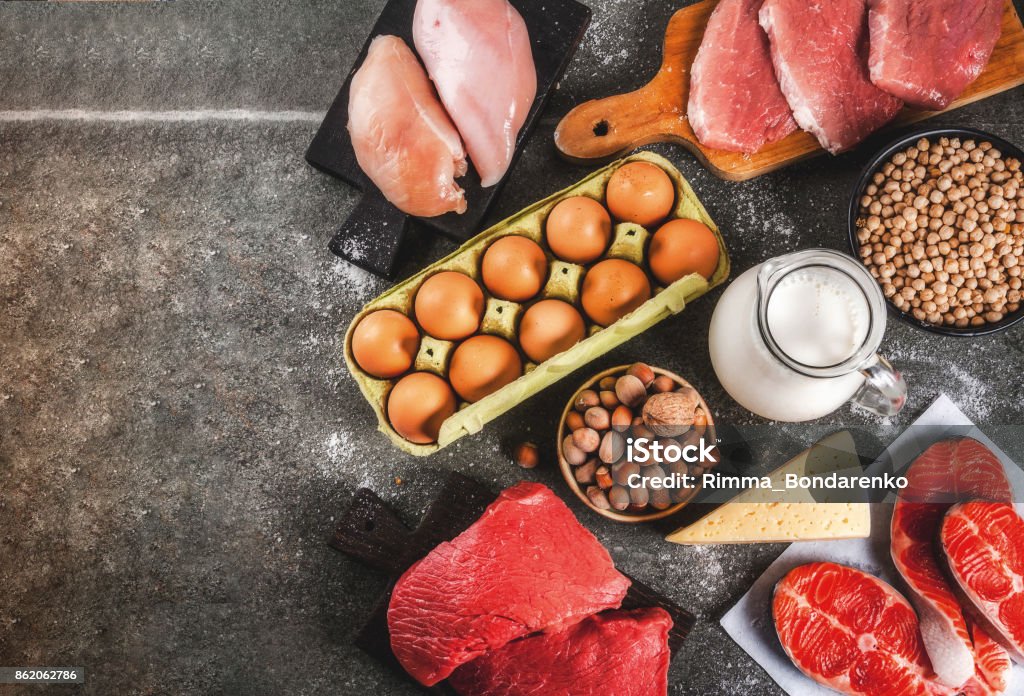 Seleção de alimentos fontes de proteína - Foto de stock de Carne royalty-free