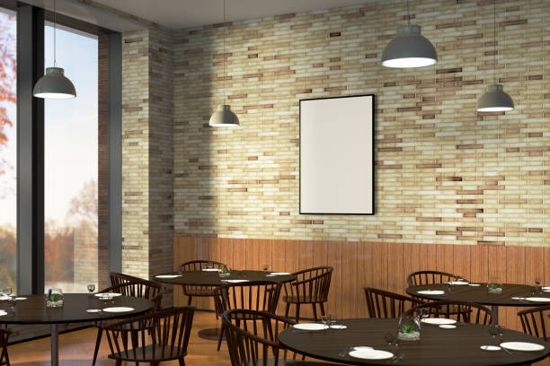 istock Modern restaurant interior with served tables and blank poster 862062990