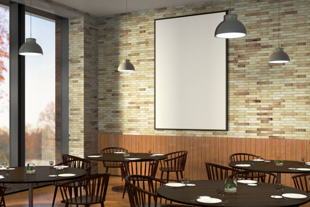 istock Modern restaurant interior with served tables and blank poster 862063084