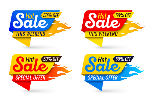 Hot sale price offer deal vector labels templates stickers designs with flame. Vector illustration set