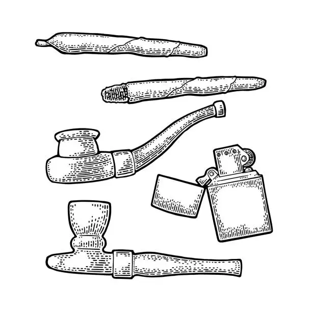 Vector illustration of Cigarettes, pipe, lighter. Vintage engraving