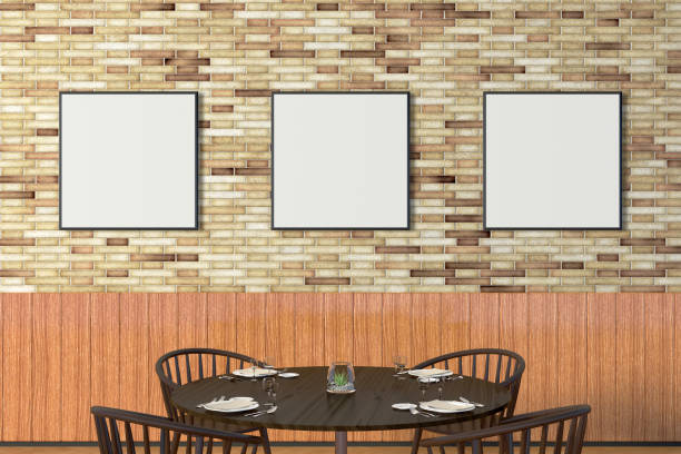 istock Modern restaurant interior with served tables and blank poster 862066446