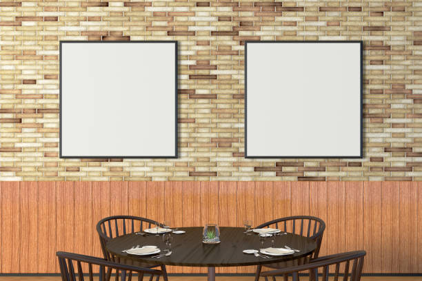 istock Modern restaurant interior with served tables and blank poster 862066530