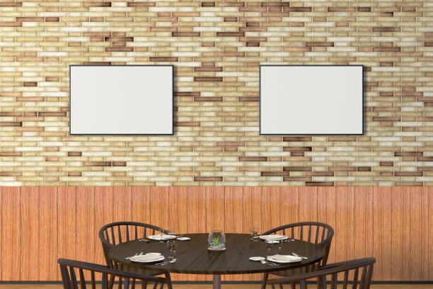 istock Modern restaurant interior with served tables and blank poster 862068702
