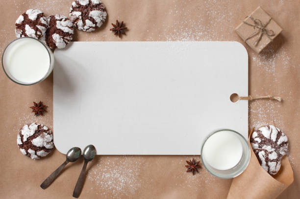 istock Background with white empty board, glasses of milk and cookies 862068736