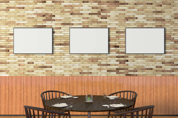 istock Modern restaurant interior with served tables and blank poster 862068738