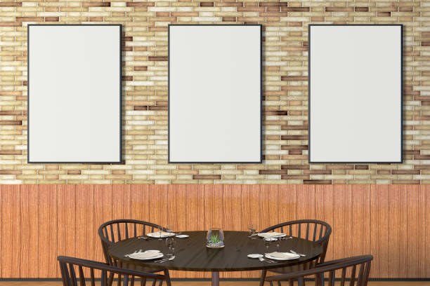 istock Modern restaurant interior with served tables and blank poster 862068764