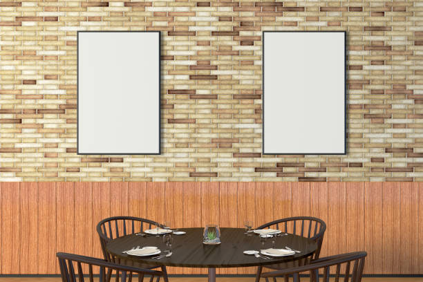 istock Modern restaurant interior with served tables and blank poster 862068814