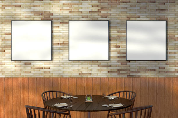 istock Modern restaurant interior with served tables and blank poster 862068878