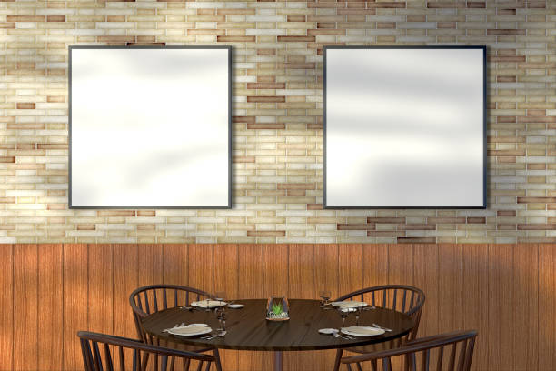 istock Modern restaurant interior with served tables and blank poster 862068916
