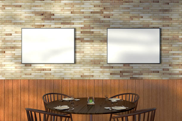 istock Modern restaurant interior with served tables and blank poster 862069184
