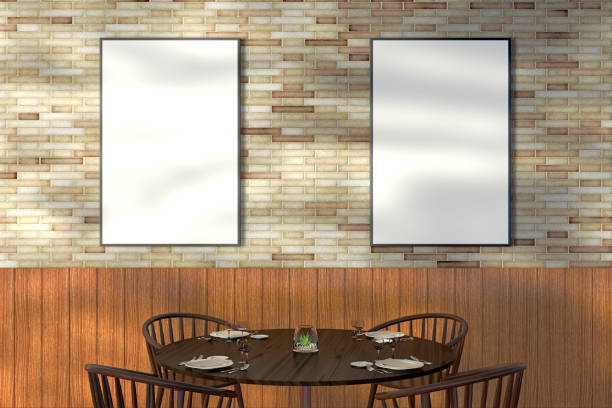 istock Modern restaurant interior with served tables and blank poster 862069314