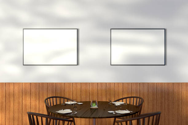 istock Modern restaurant interior with served tables and blank poster 862069566