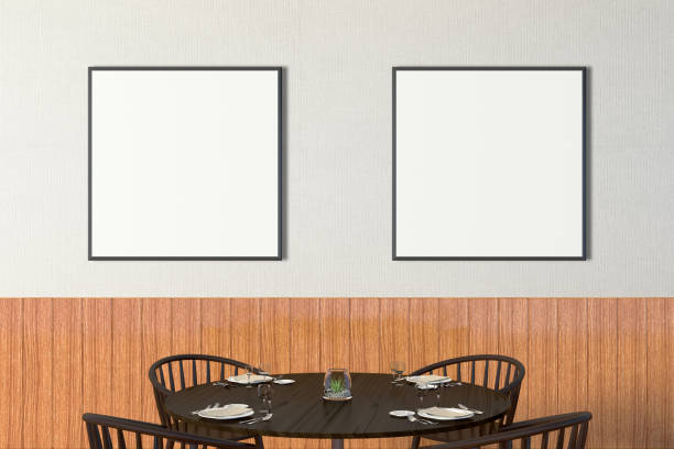 istock Modern restaurant interior with served tables and blank poster 862070354