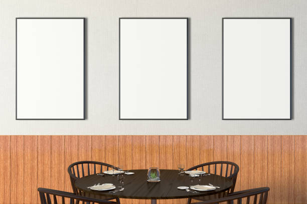 istock Modern restaurant interior with served tables and blank poster 862070604