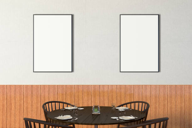 istock Modern restaurant interior with served tables and blank poster 862072652