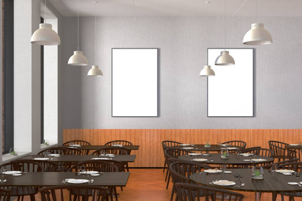 istock Modern restaurant interior with served tables and blank poster 862073384