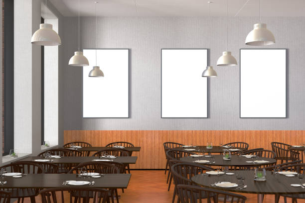 istock Modern restaurant interior with served tables and blank poster 862073450