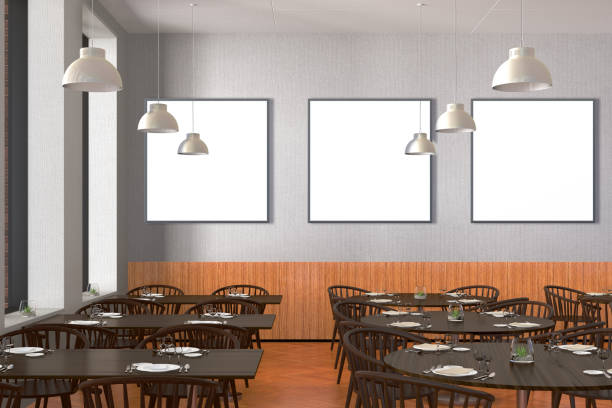 istock Modern restaurant interior with served tables and blank poster 862073900