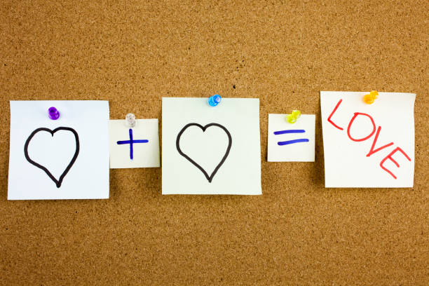 istock A yellow sticky note post it writing, caption, inscription equation love or romantic relationship concept presented as mathematical equation with hearts, colorful sticky notes, in black ext on a sticky note pinned to a cork notice board 862076014