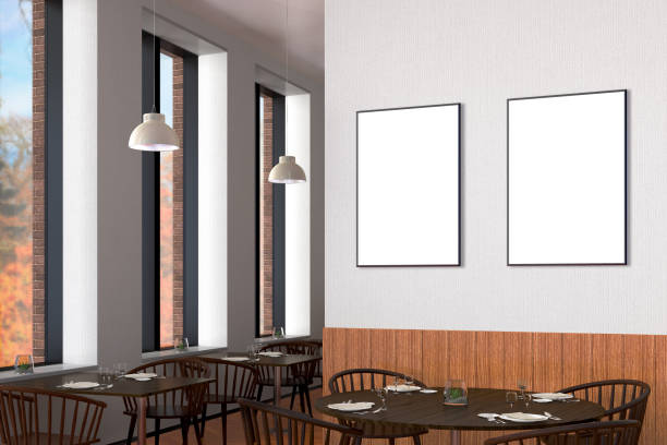 istock Modern restaurant interior with served tables and blank poster 862076362