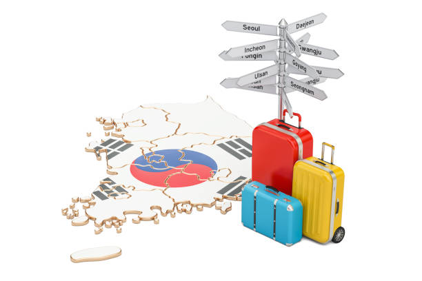 istock South Korea travel concept. Flag on map with suitcases and signpost, 3D rendering 862076376