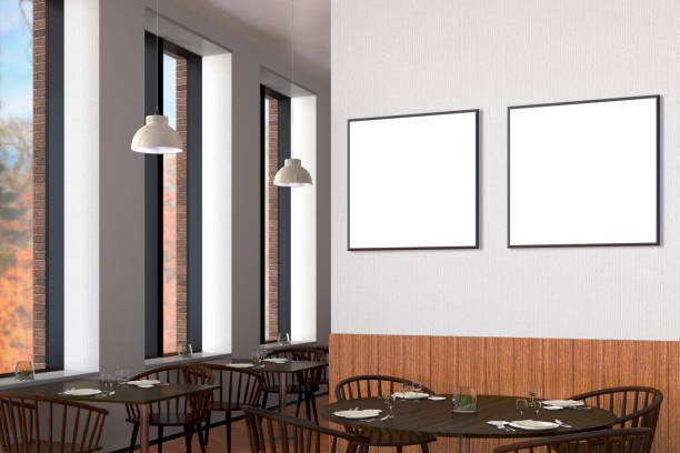 istock Modern restaurant interior with served tables and blank poster 862076662
