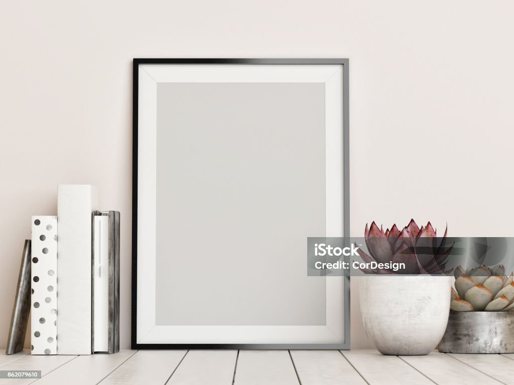 Mock up frame, hipster background Mock up frame, hipster background, 3d render, 3d illustration Picture Frame Stock Photo