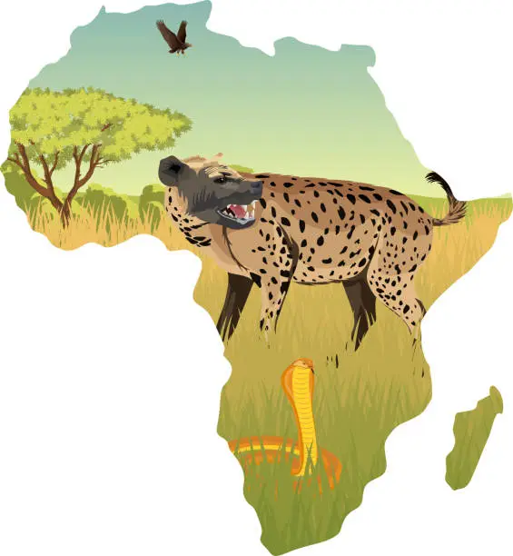 Vector illustration of African savannah with hyenna, cobra and eagle - vector illustration