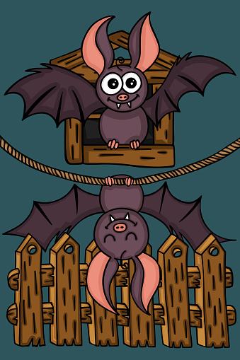 Happy bats in field Halloween card