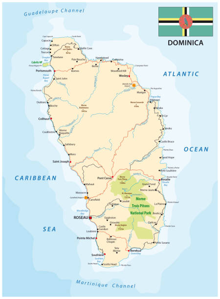 dominica road map with flag dominica road vector map with flag central european time stock illustrations