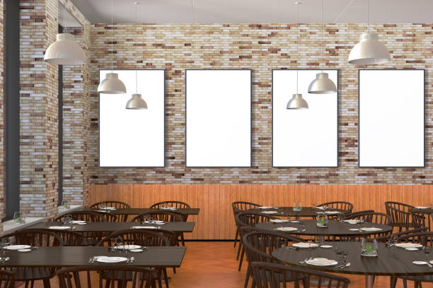 istock Modern restaurant interior with served tables and blank poster 862083186