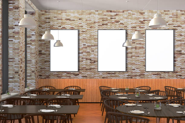istock Modern restaurant interior with served tables and blank poster 862083216