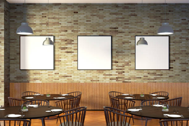 istock Modern restaurant interior with served tables and blank poster 862083270
