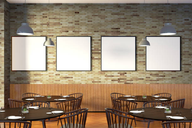 istock Modern restaurant interior with served tables and blank poster 862083294