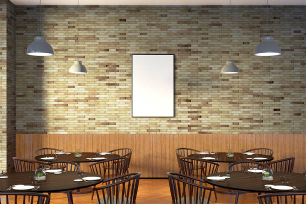 istock Modern restaurant interior with served tables and blank poster 862083320