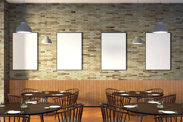 istock Modern restaurant interior with served tables and blank poster 862083458