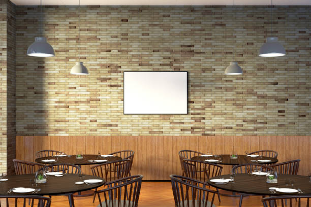 istock Modern restaurant interior with served tables and blank poster 862083654