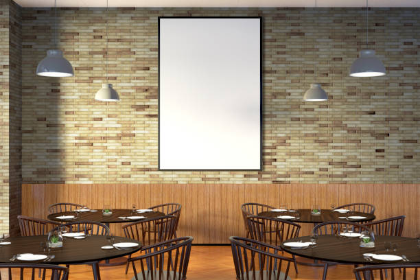 istock Modern restaurant interior with served tables and blank poster 862083698
