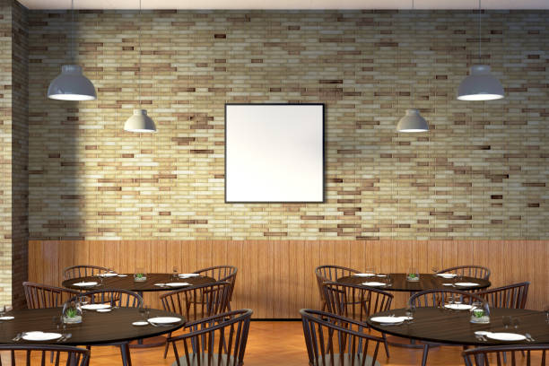 istock Modern restaurant interior with served tables and blank poster 862083726