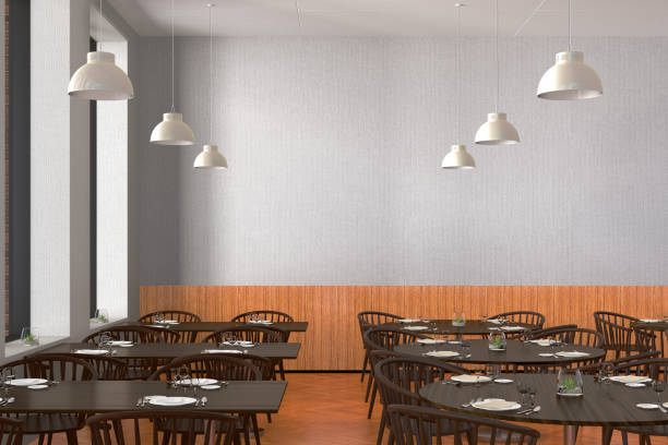 istock Modern restaurant interior with served tables and blank poster 862085900