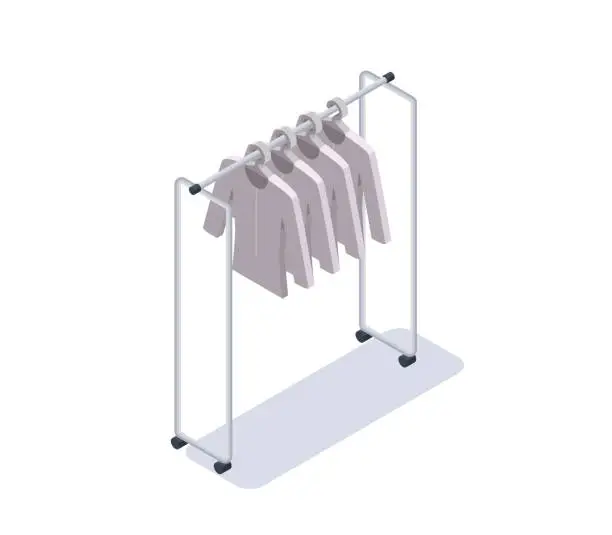 Vector illustration of Hanger with clean white clothes, isometric 3d vector illustration, shop equipment
