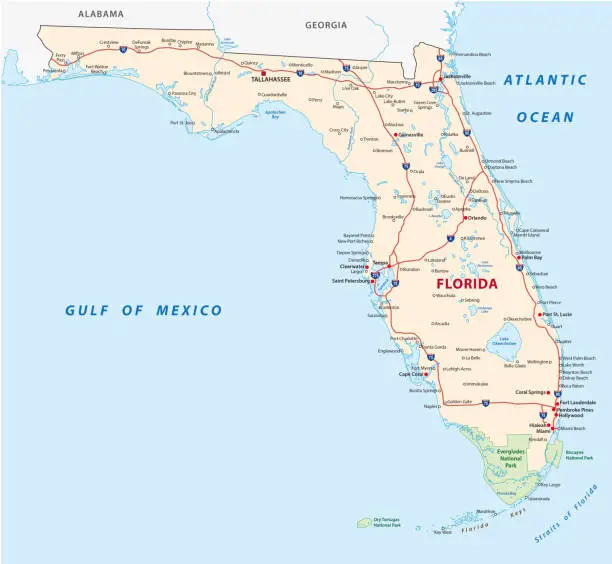 Vector illustration of florida road map with national parks