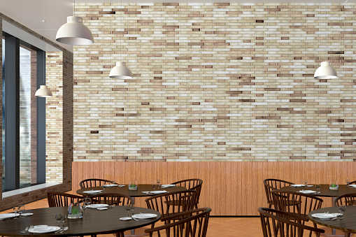 Modern restaurant interior with served tables mock up. 3d illustration