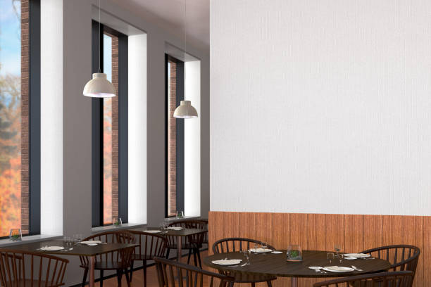 istock Modern restaurant interior with served tables and blank poster 862086500