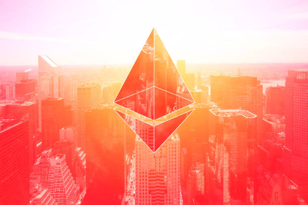 paisaje de cyber cripto moneda en edificios de negocios, compuesto por imagen en vintage rojo, conceptos de negocio de éxito - éter fotografías e imágenes de stock