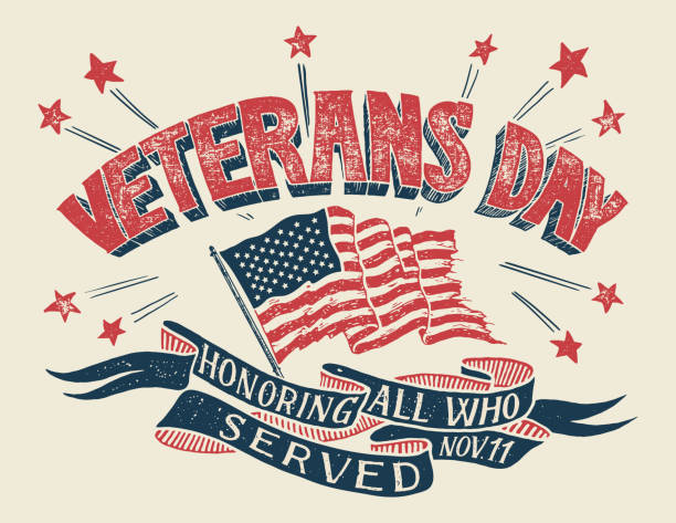Veterans Day hand-lettering poster Veterans Day - Honoring all who served. Hand lettering holiday poster with american flag in retro style. Hand-drawn typography design vintage american flag stock illustrations