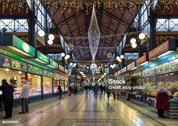 Interior Of The Great Market Hall In Budapest Decorated For Christmas Hungary Stock Photo - Download Image Now