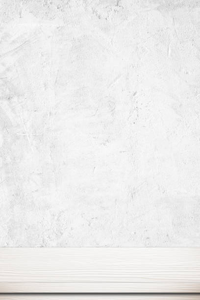 istock Empty white wood table over white cement wall, vintage, background, template, product display montage 862108286